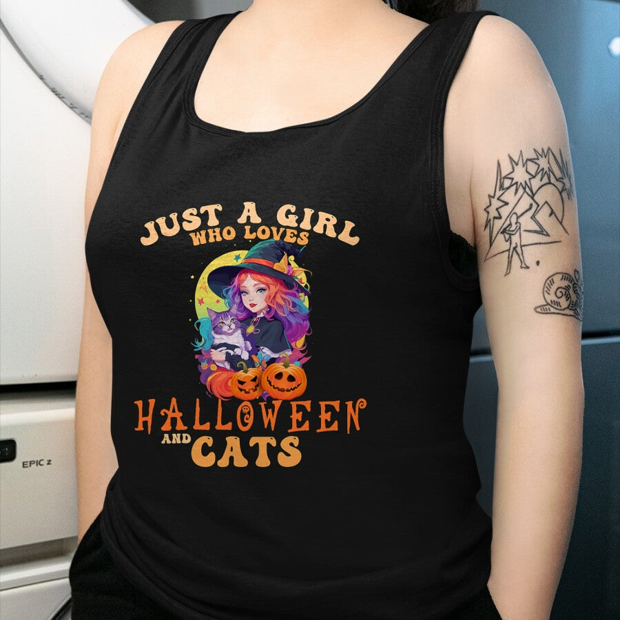 Shirt, Funny Cat Lover Gift UnisexT-Shirt/Hoodie/Sweatshirt HLT00 - Just A Girl Who Loves Halloween and Cats Spooky Fall Pumpkin T-Shirt (1)