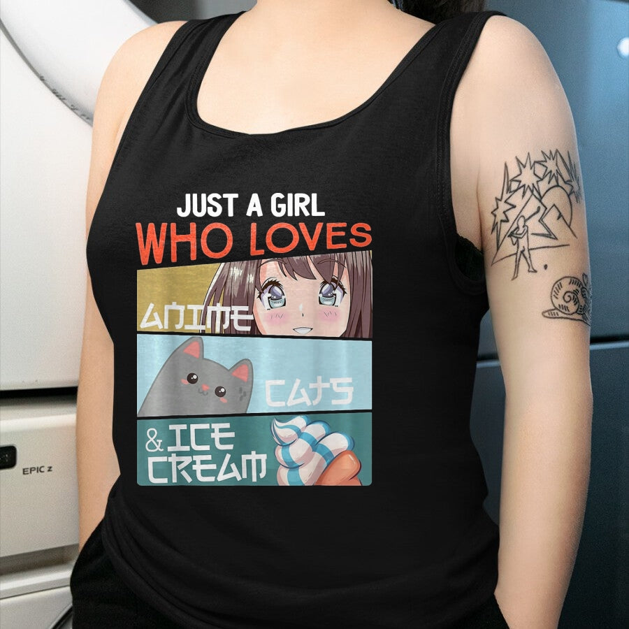 Cat Love Shirt, Funny Cat Lover Gift UnisexT-Shirt/Hoodie/Sweatshirt HLT00 - Just A Girl Who Loves Anime Cats Ice Cream Otaku Manga Lover T-Shirt, Women, Baby Blue, Large