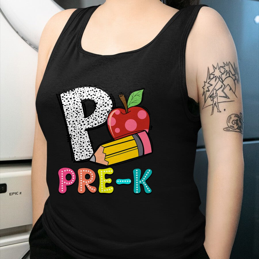 Best Student Shirt, Funny Back To School UnisexT-Shirt/Hoodie/Sweatshirt HLT00 - P is for Pre-K Teacher Pencil Apple Back to School T-Shirt