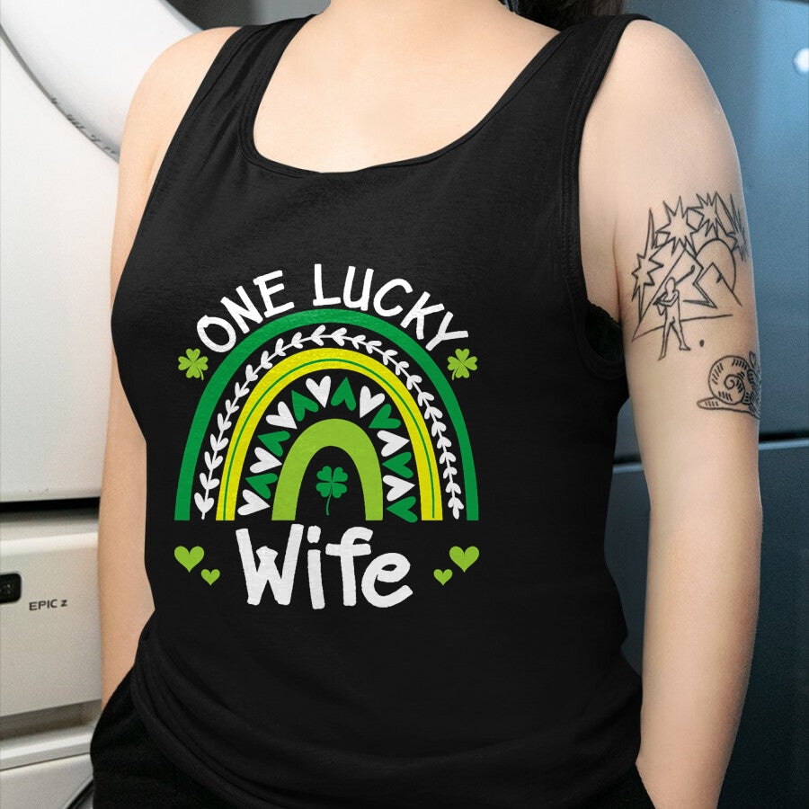 Best Wife Shirt, Wife and Husband Unisex T-Shirt/Hoodie/Sweatshirt HLT00 - Gift for wife T shirt, lucky wife   Womens One Lucky Wife Boho Rainbow St Patricks Day Shamrock Tank (1)