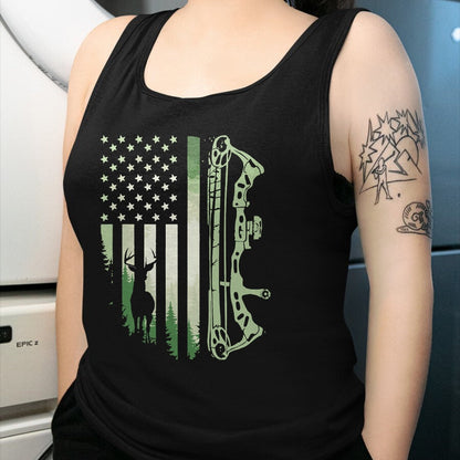 Funny Hunting Shirt, Gift For Hunting Lover Unisex T-Shirt/Hoodie/Sweatshirt HLT00 - Patriotic Bowhunting USA Flag Bow Archery Deer Hunting Wild T-Shirt