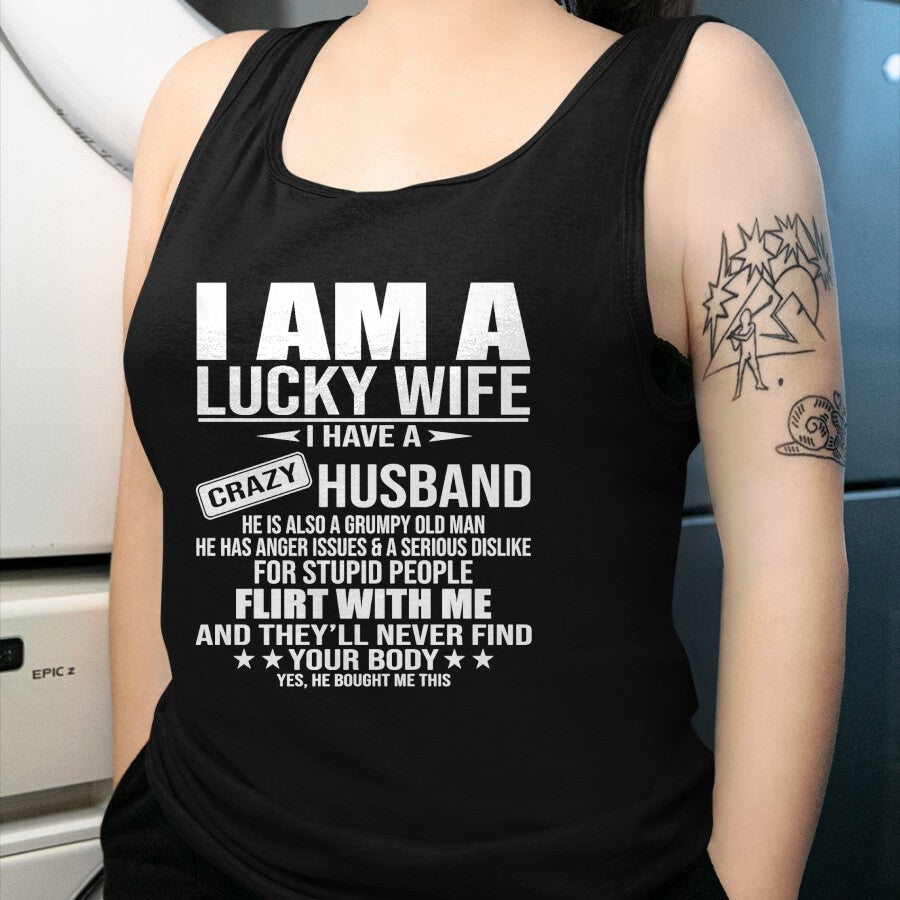 Best Wife Shirt, Wife and Husband Unisex T-Shirt/Hoodie/Sweatshirt HLT00 - Gift for wife T shirt, lucky wife   I Am A Lucky Wife I Have A Crazy Husband Premium T-Shirt (1)