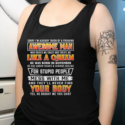 Best Wife Shirt, Wife and Husband Unisex T-Shirt/Hoodie/Sweatshirt HLT00 - Sorry I'm Already Taken By A November Awesome Man T-shirt