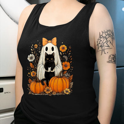 Cat Love Shirt, Funny Cat Lover Gift UnisexT-Shirt/Hoodie/Sweatshirt HLT00 - Vintage Halloween Ghost Holding Black Cat Groovy Floral T-Shirt, Women_s Plus, Black, 2X