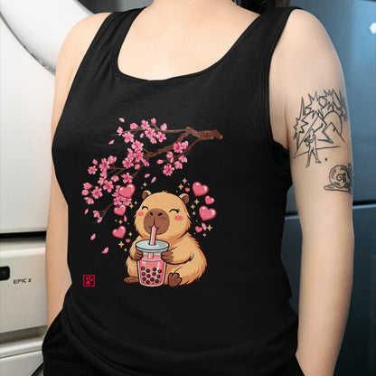 Cute Capybara Shirt, Funny Capybara Unisex T-Shirt/Hoodie/Sweatshirt HLT00 - Cute Capybara Kawaii Anime Drinking Bubble Tea Sakura Japan T-Shirt