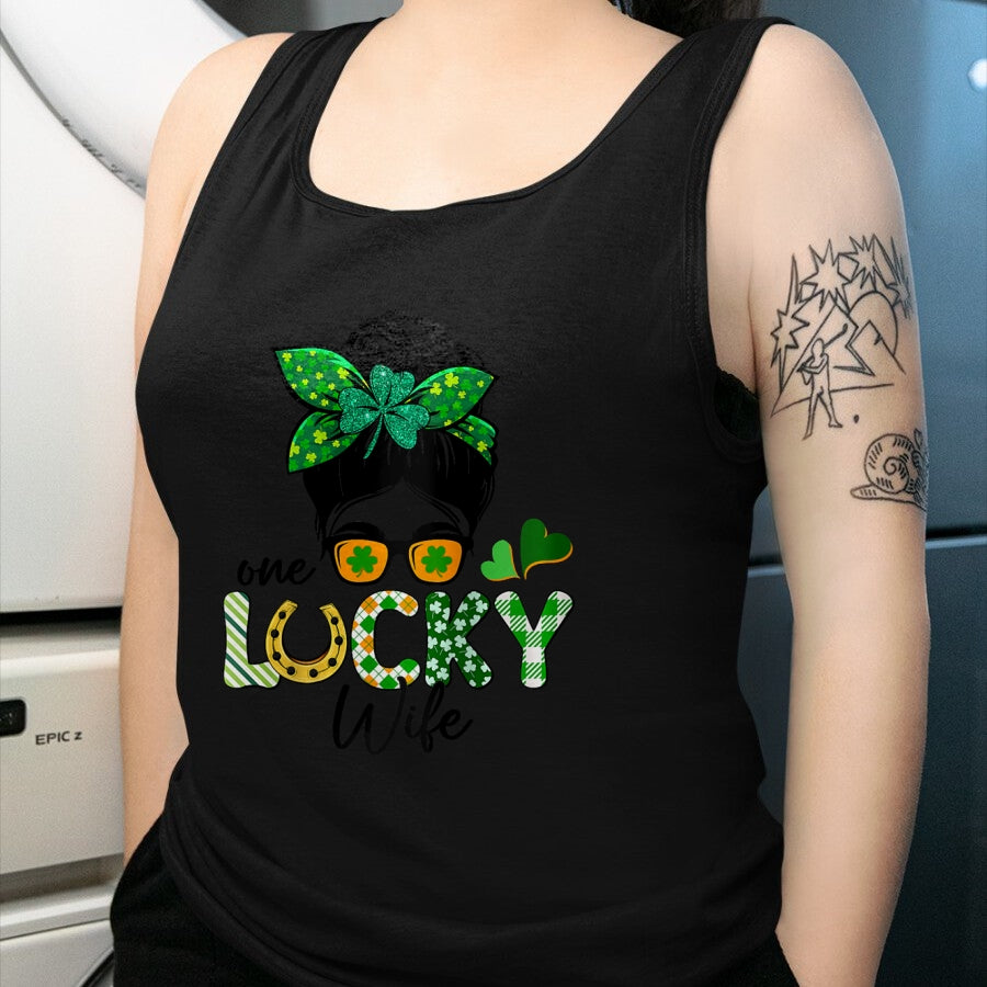Best Wife Shirt, Wife and Husband Unisex T-Shirt/Hoodie/Sweatshirt HLT00 - Gift for wife T shirt, lucky wife   Womens One Lucky Wife Messy Bun Irish St Patricks Day Shamrock R
