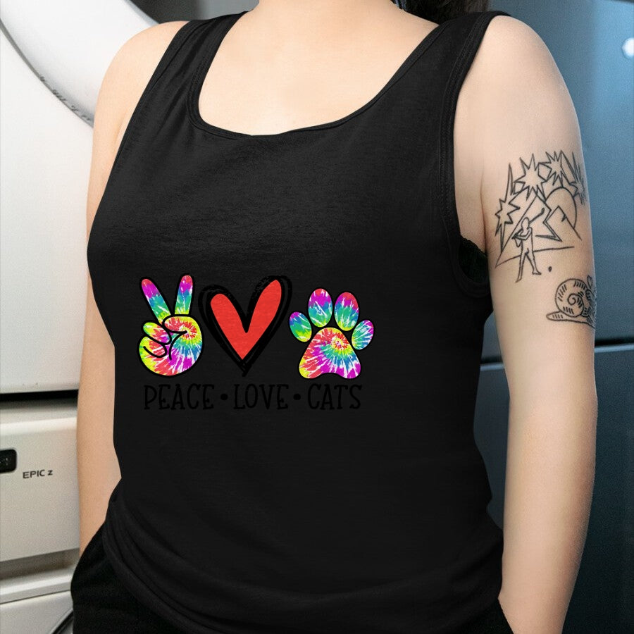 Cat Love Shirt, Funny Cat Lover Gift UnisexT-Shirt/Hoodie/Sweatshirt HLT00 - Peace Love Cats Paws Tie Dye Rainbow Animal Rescue Womens T-Shirt (1)