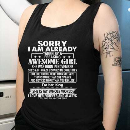 Best Wife Shirt, Wife and Husband Unisex T-Shirt/Hoodie/Sweatshirt HLT00 - Sorry I Am Already Taken By A Freaking Awesome Girl NOVEMBER T-Shirt