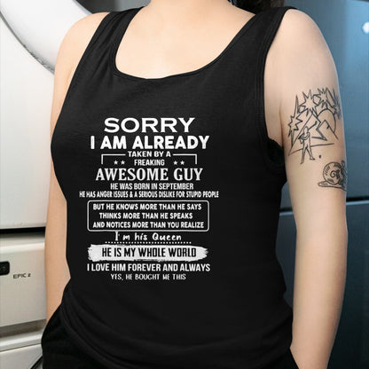 Best Wife Shirt, Wife and Husband Unisex T-Shirt/Hoodie/Sweatshirt HLT00 - Sorry I Am Already Taken By A Freaking Awesome Guy September T-Shirt (1)
