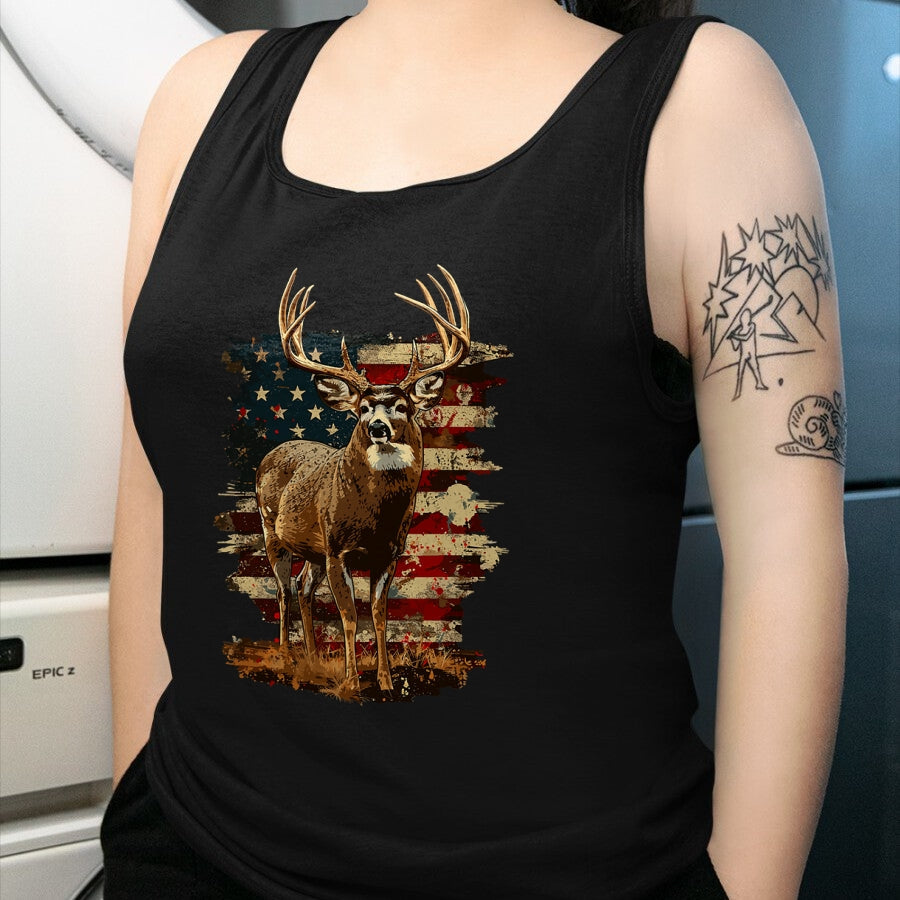 Funny Hunting Shirt, Gift For Hunting Lover Unisex T-Shirt/Hoodie/Sweatshirt HLT00 - Whitetail Buck Deer Hunting 4th of July USA American Flag T-Shirt