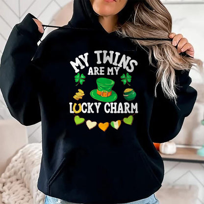 Gift for Mom Shirt, Funny Mom Unisex T-Shirt/Hoodie/Sweatshirt HLT00 - My Twins Are My Lucky Charm St Patricks Day Twin Mom and Dad T-Shirt