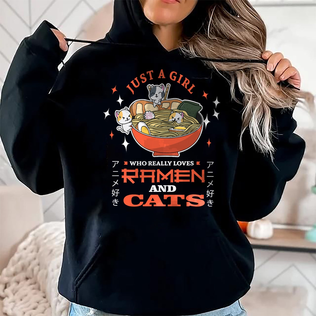 Cat Love Shirt, Funny Cat Lover Gift UnisexT-Shirt/Hoodie/Sweatshirt HLT00 - Just a girl who really loves Ramen and cats Design T-Shirt (1)