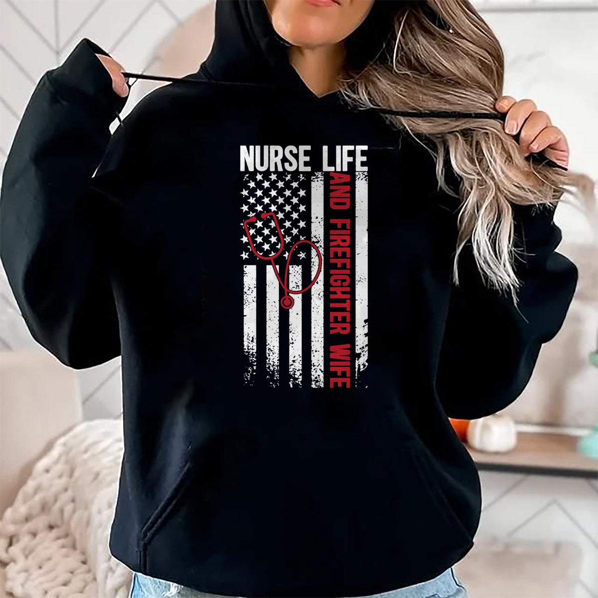Funny Nurse Shirt, Nurse Unisex T-Shirt/Hoodie/Sweatshirt HLT00 - Nurse Life And Firefighter Wife Nurse Fire Wife Nurse Long Sleeve T-Shirt