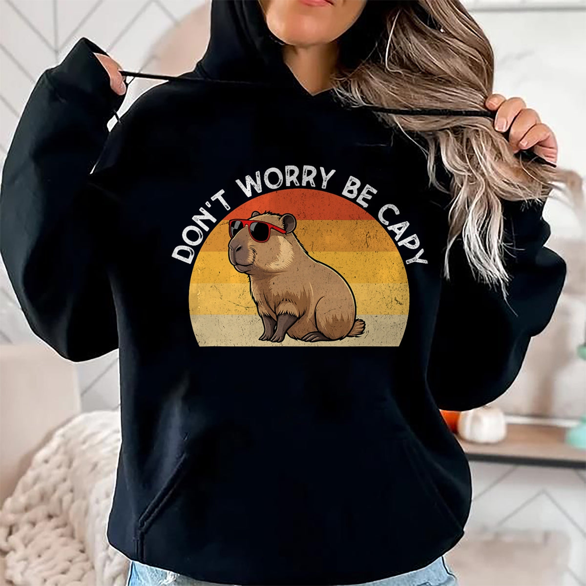 Cute Capybara Shirt, Funny Capybara Unisex T-Shirt/Hoodie/Sweatshirt HLT00 - Don_t Worry Be Capy Retro Capybara T-Shirt