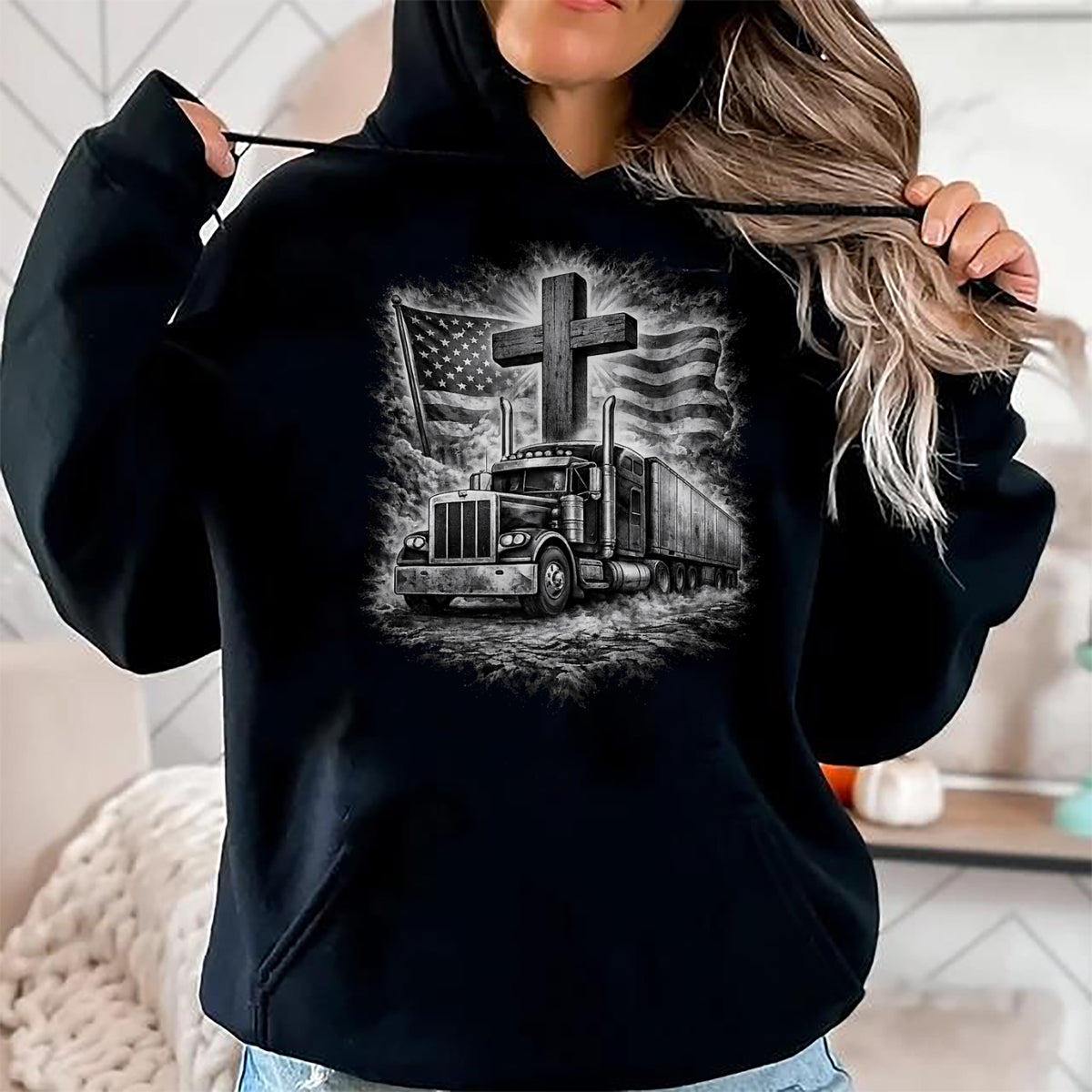 Best Truck Driver Life Shirt, Funny Trucker UnisexT-Shirt/Hoodie/Sweatshirt HLT00 - Trucker Patriotic American Flag Christian Cross Semi Truck T-Shirt