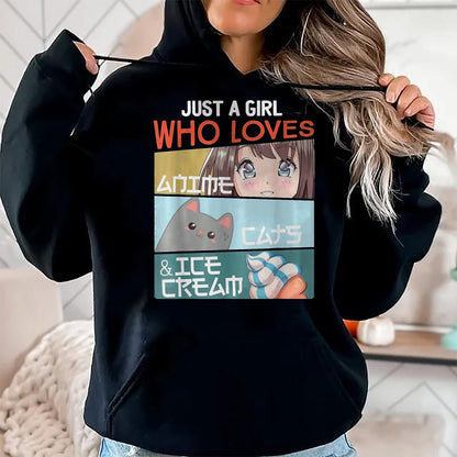 Cat Love Shirt, Funny Cat Lover Gift UnisexT-Shirt/Hoodie/Sweatshirt HLT00 - Just A Girl Who Loves Anime Cats Ice Cream Otaku Manga Lover T-Shirt, Women, Baby Blue, Large