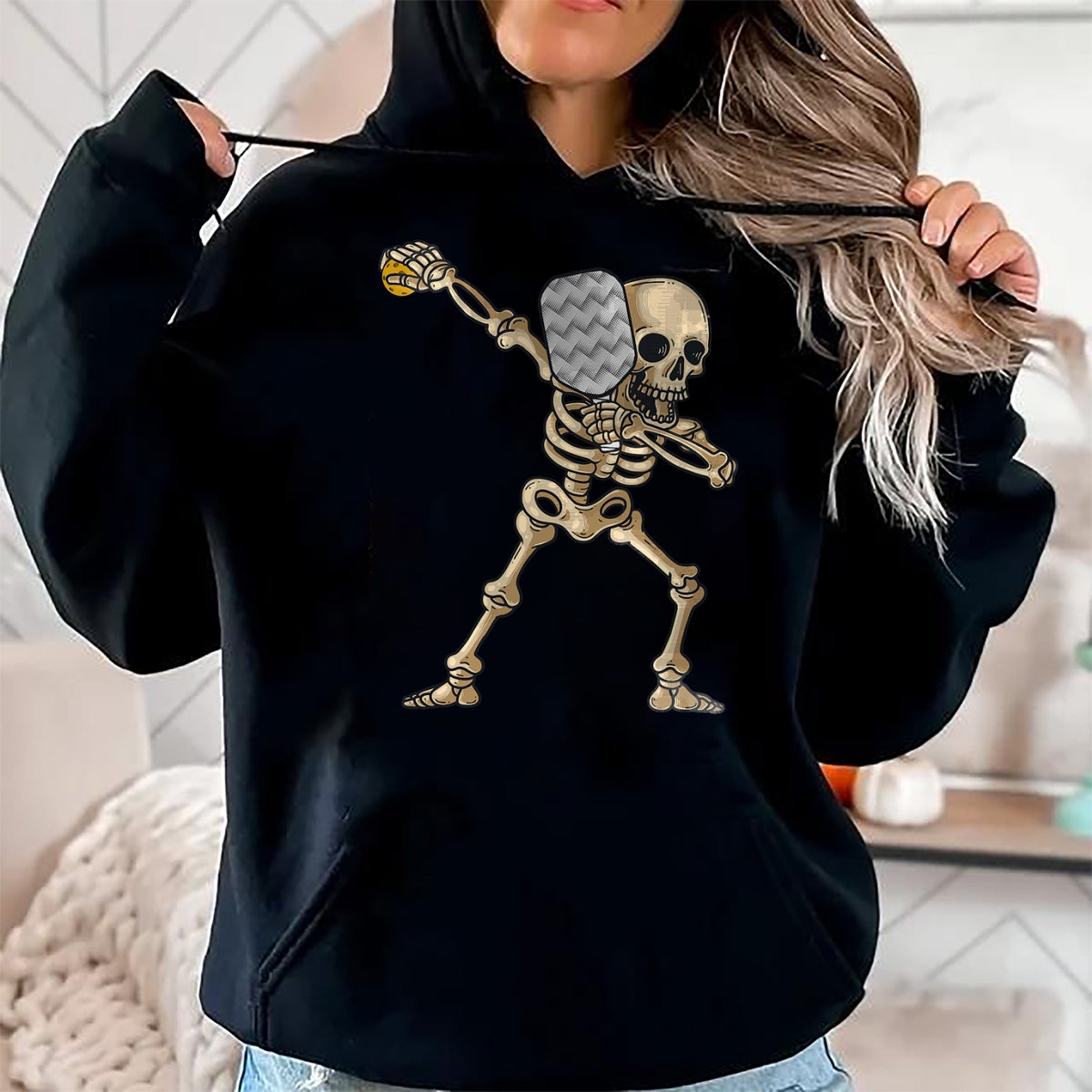Funny Pickleball Shirt, Pickleball Lover Unisex T-Shirt/Hoodie/Sweatshirt HLT00 - Halloween Pickleball Costume Dabbing Skeleton Pickleballer T-Shirt
