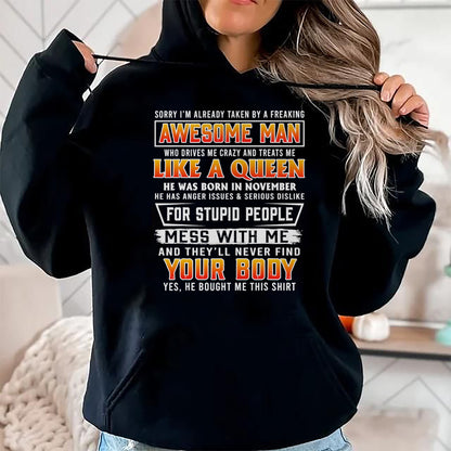 Best Wife Shirt, Wife and Husband Unisex T-Shirt/Hoodie/Sweatshirt HLT00 - Sorry I'm Already Taken By A November Awesome Man T-shirt