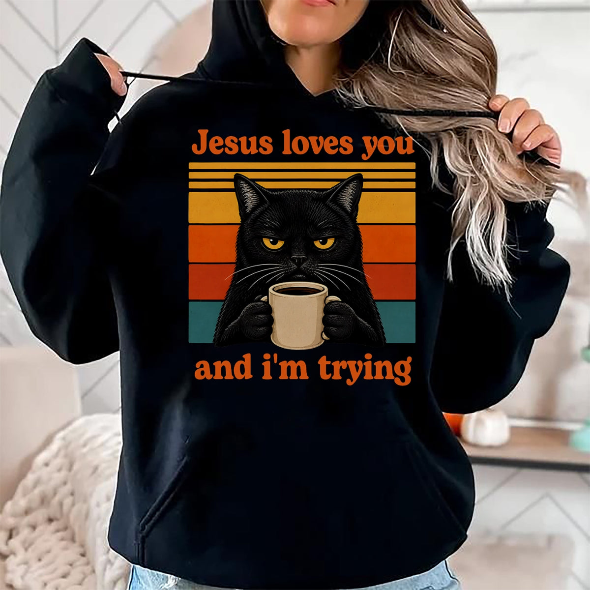 Cat Love Shirt, Funny Cat Lover Gift UnisexT-Shirt/Hoodie/Sweatshirt HLT00 - Jesus Loves You and I_m Trying Christian Black Cat Coffee T-Shirt (1)
