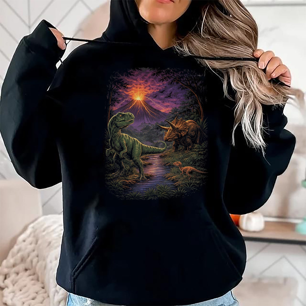 Best Dinosaur Lover Shirt, Funny Dinosaur UnisexT-Shirt/Hoodie/Sweatshirt HLT00 - Vintage Dinosaur 90s T Rex and Triceratops Volcano Nature T-Shirt, Men, Black, 3X-Large