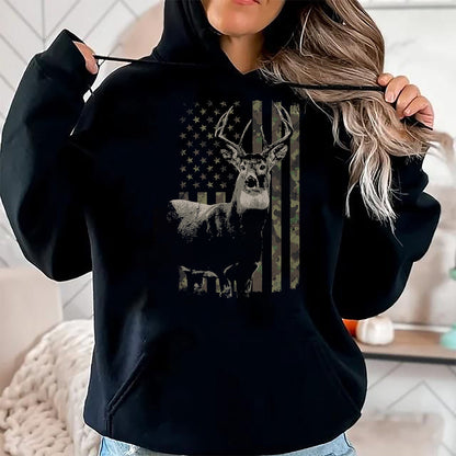 Funny Hunting Shirt, Gift For Hunting Lover Unisex T-Shirt/Hoodie/Sweatshirt HLT00 - Hunting Camo American Flag Deer T-Shirt