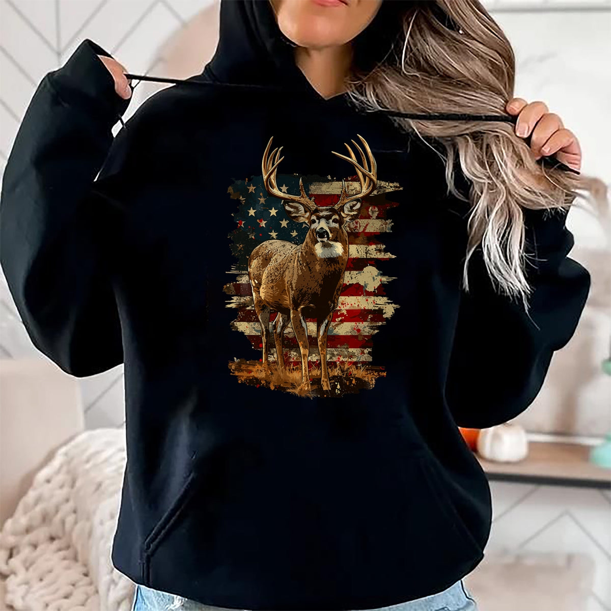 Funny Hunting Shirt, Gift For Hunting Lover Unisex T-Shirt/Hoodie/Sweatshirt HLT00 - Whitetail Buck Deer Hunting 4th of July USA American Flag T-Shirt
