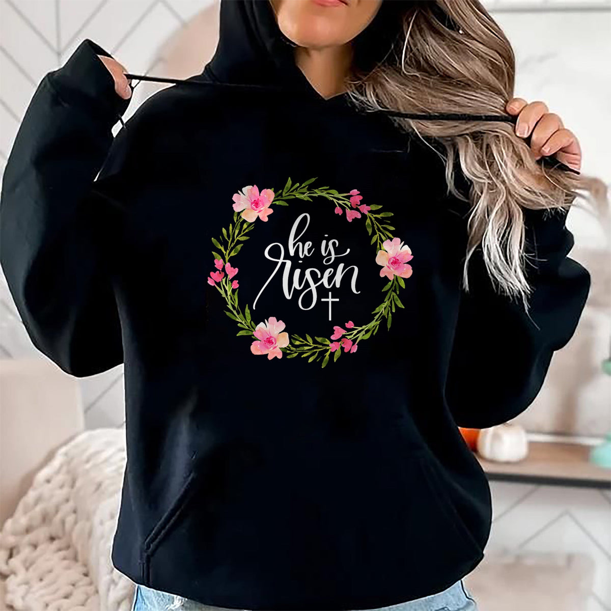 Christian Tee, Christian Faith Unisex T-Shirt/Hoodie/Sweatshirt HLT00 - He is Risen Jesus Christian Happy Easter Floral Wreath Shirt T-Shirt (1)