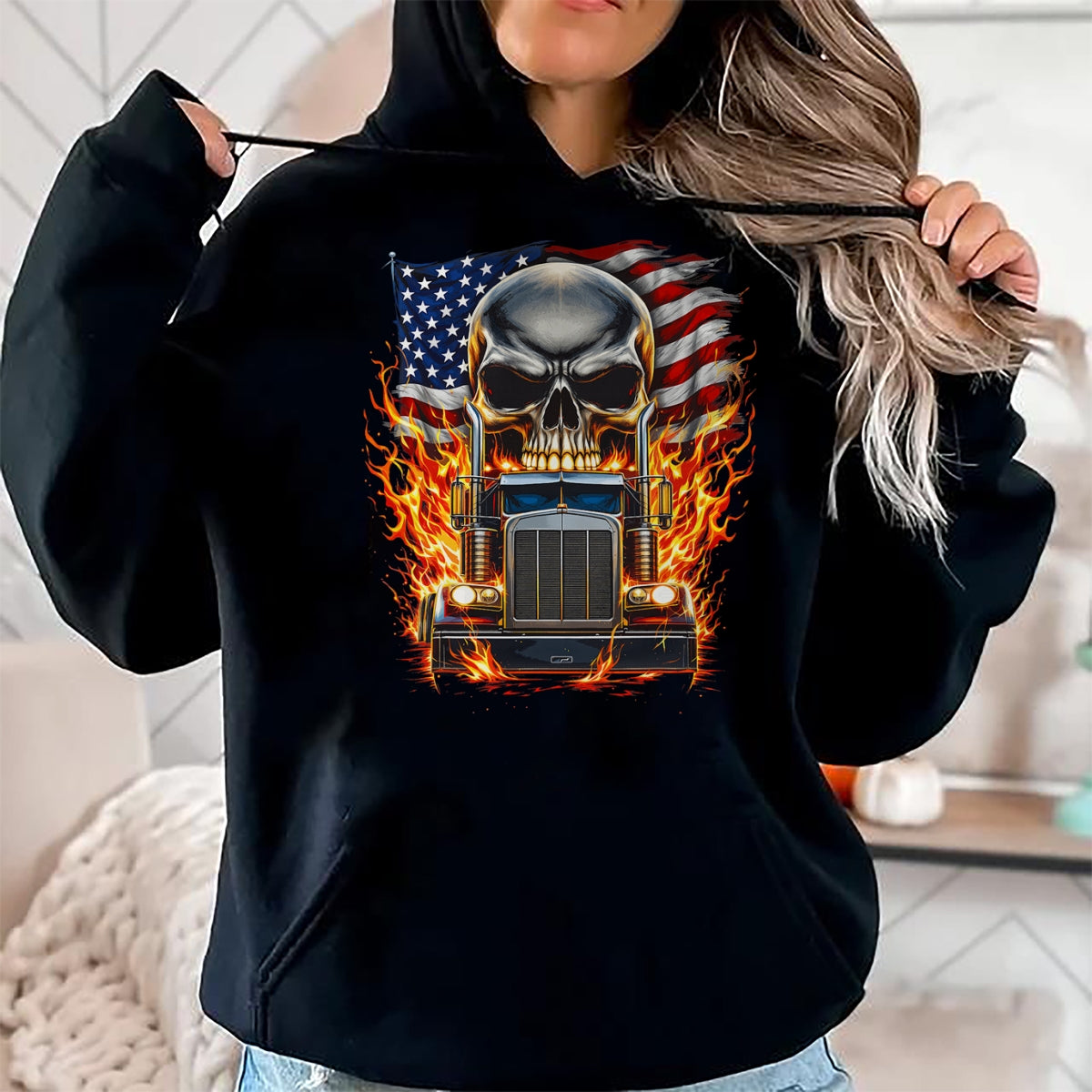 Best Truck Driver Life Shirt, Funny Trucker UnisexT-Shirt/Hoodie/Sweatshirt HLT00 - Trucker Patriotic American Flag Semi Truck Driver Skull T-Shirt (3)