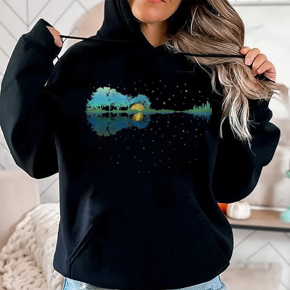Guitar Lover Shirt, Funny Guitar UnisexT-Shirt/Hoodie/Sweatshirt HLT00 - Guitar Lake Reflections Night Sky and Moon Guitar T-Shirt, Men, Black, 3X-Large
