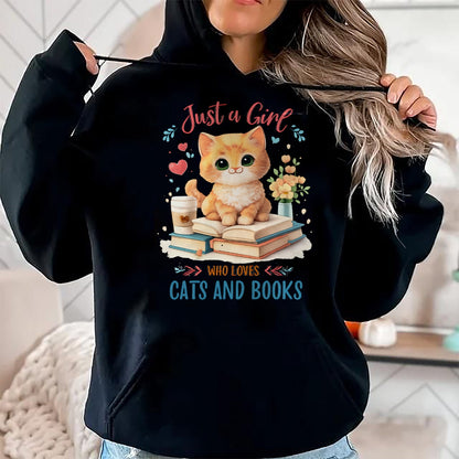 Cat Love Shirt, Funny Cat Lover Gift UnisexT-Shirt/Hoodie/Sweatshirt HLT00 - Just a Girl Who Loves Cats and Books Reading Cat & Bookworm Long Sleeve T-Shirt