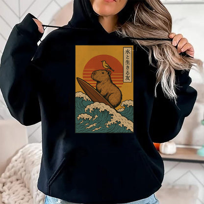 Cute Capybara Shirt, Funny Capybara Unisex T-Shirt/Hoodie/Sweatshirt HLT00 - Capybara Surfing Japanese T-Shirt