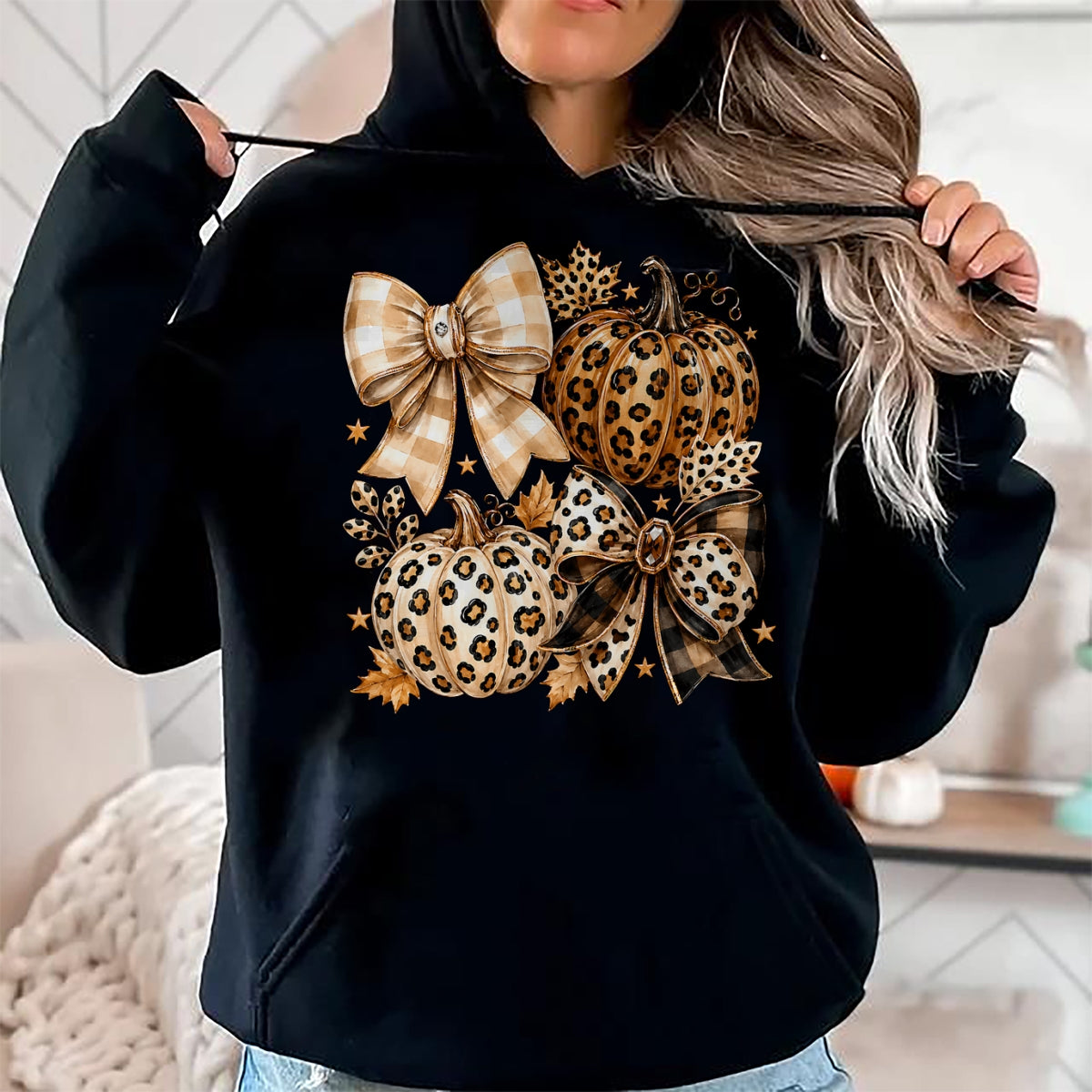 Best Thanksgiving Family Shirt , Funny Thanksgiving UnisexT-Shirt/Hoodie/Sweatshirt HLT00 - Coquette Bow Leopard Pumpkin Thanksgiving Autumn Fall Leaves T-Shirt