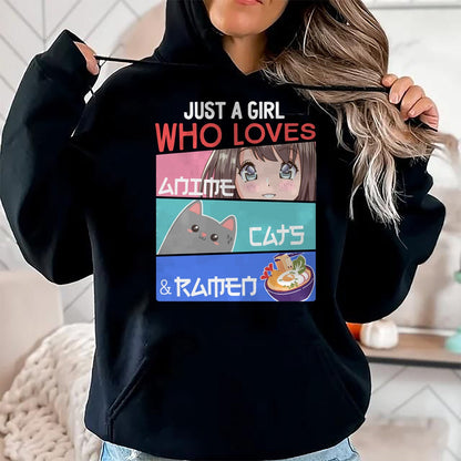 Cat Love Shirt, Funny Cat Lover Gift UnisexT-Shirt/Hoodie/Sweatshirt HLT00 - Just A Girl Who Loves Anime Cats & Ramen Lover Kawaii Otaku Long Sleeve T-Shirt