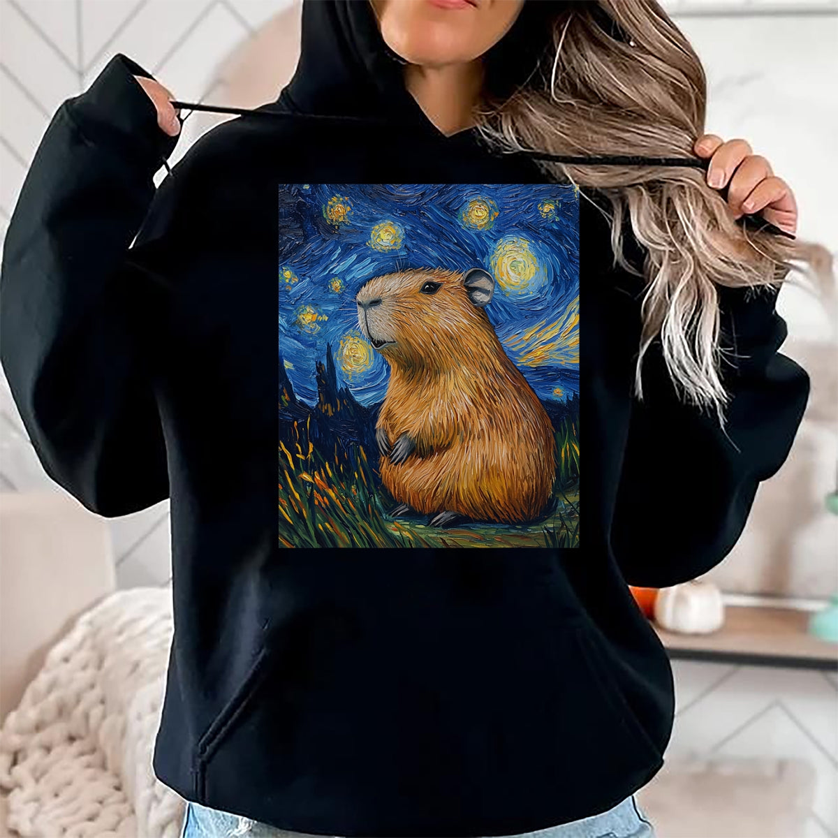 Cute Capybara Shirt, Funny Capybara Unisex T-Shirt/Hoodie/Sweatshirt HLT00 - Capybara Van Gogh Style Starry Night Funny Graphic T-Shirt