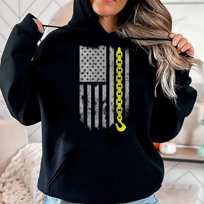 Best Truck Driver Life Shirt, Funny Trucker UnisexT-Shirt/Hoodie/Sweatshirt HLT00 - Yellow Tow Hook Chain Flag America Tow Truck Driver T-Shirt