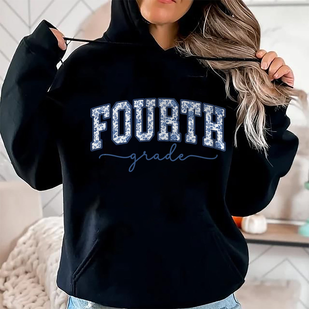 Best Teacher Shirt, Funny Teacher UnisexT-Shirt/Hoodie/Sweatshirt HLT00 - 4th Grade Back to School Fourth Grade Blue Toile Teacher Kid T-Shirt