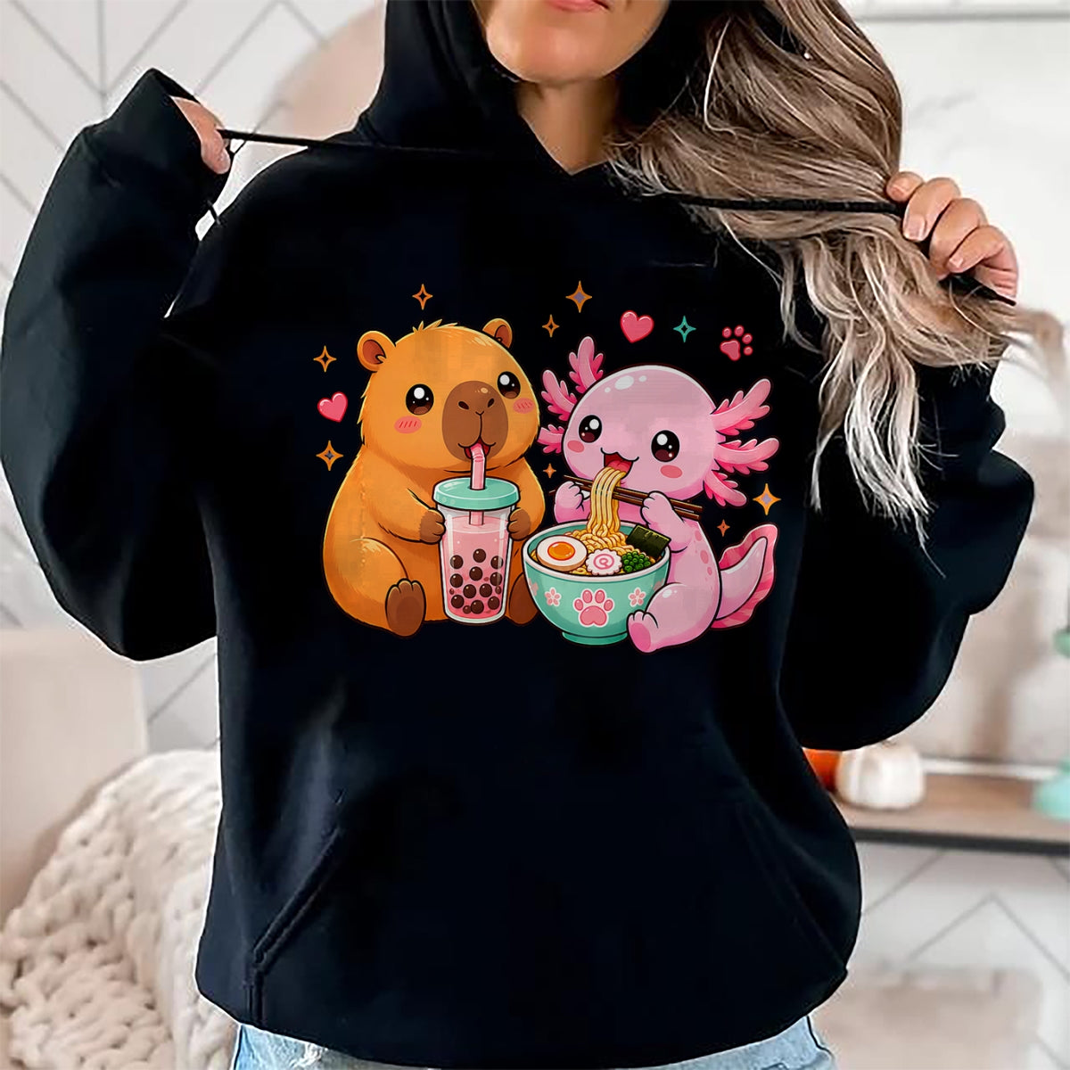 Cute Capybara Shirt, Funny Capybara Unisex T-Shirt/Hoodie/Sweatshirt HLT00 - Cute Capybara Axolotl Boba Ramen Anime Kawaii Foodie Friends T-Shirt