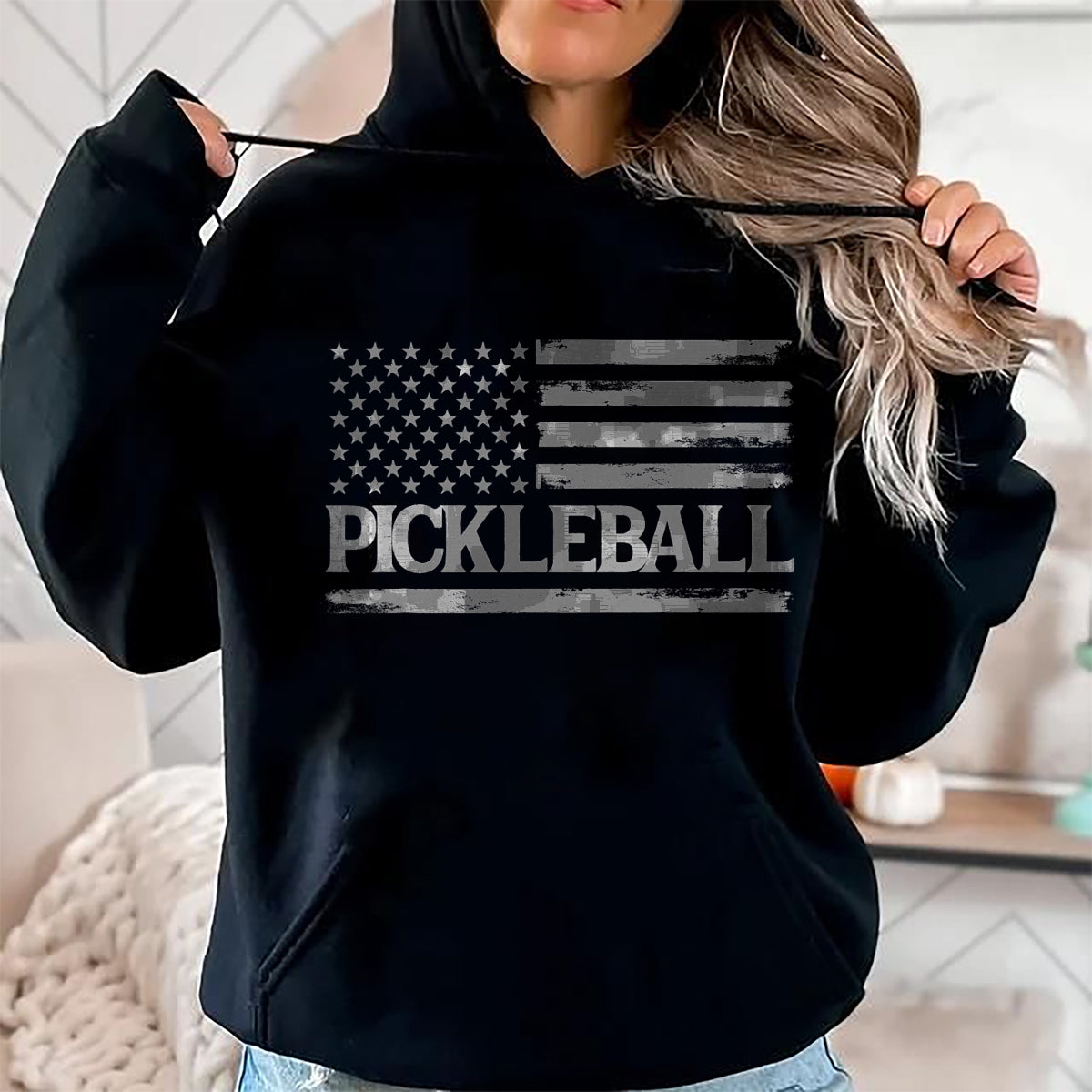 Funny Pickleball Shirt, Pickleball Lover Unisex T-Shirt/Hoodie/Sweatshirt HLT00 - Pickleball Grey Vintage USA Flag Player Coach T-Shirt