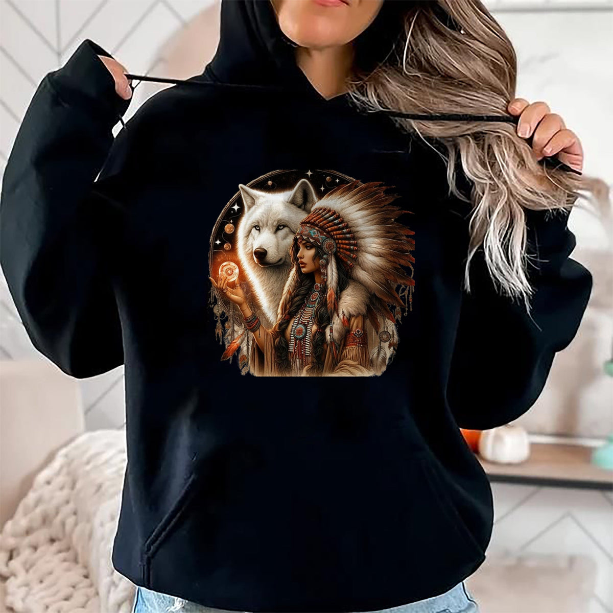Native American T-Shirts, Vintage Native American Unisex T-Shirt/Hoodie/Sweatshirt HLT00 - Indian Native American Woman With White Wolf Vitage Gifts