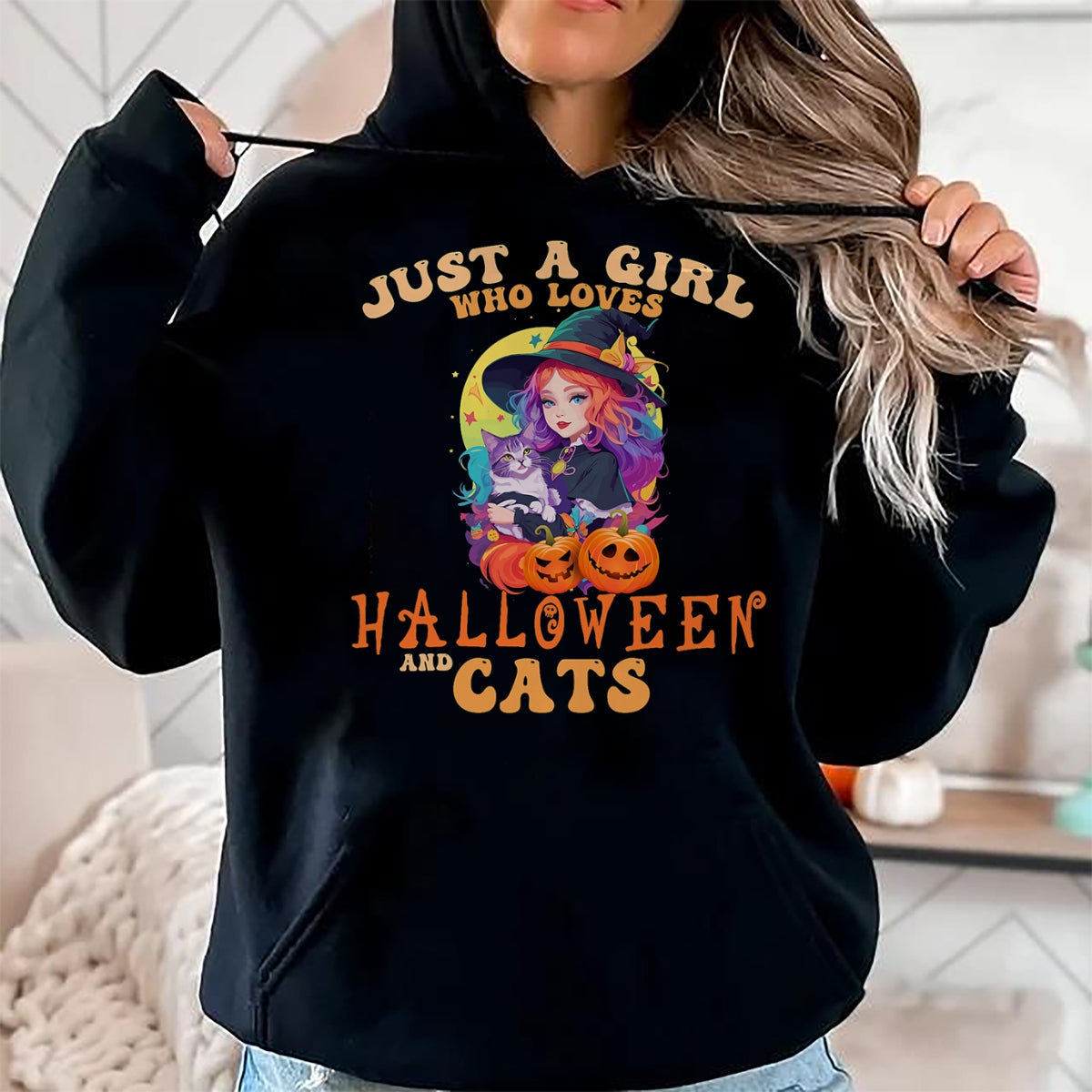 Cat Love Shirt, Funny Cat Lover Gift UnisexT-Shirt/Hoodie/Sweatshirt HLT00 - Just A Girl Who Loves Halloween and Cats Spooky Fall Pumpkin T-Shirt
