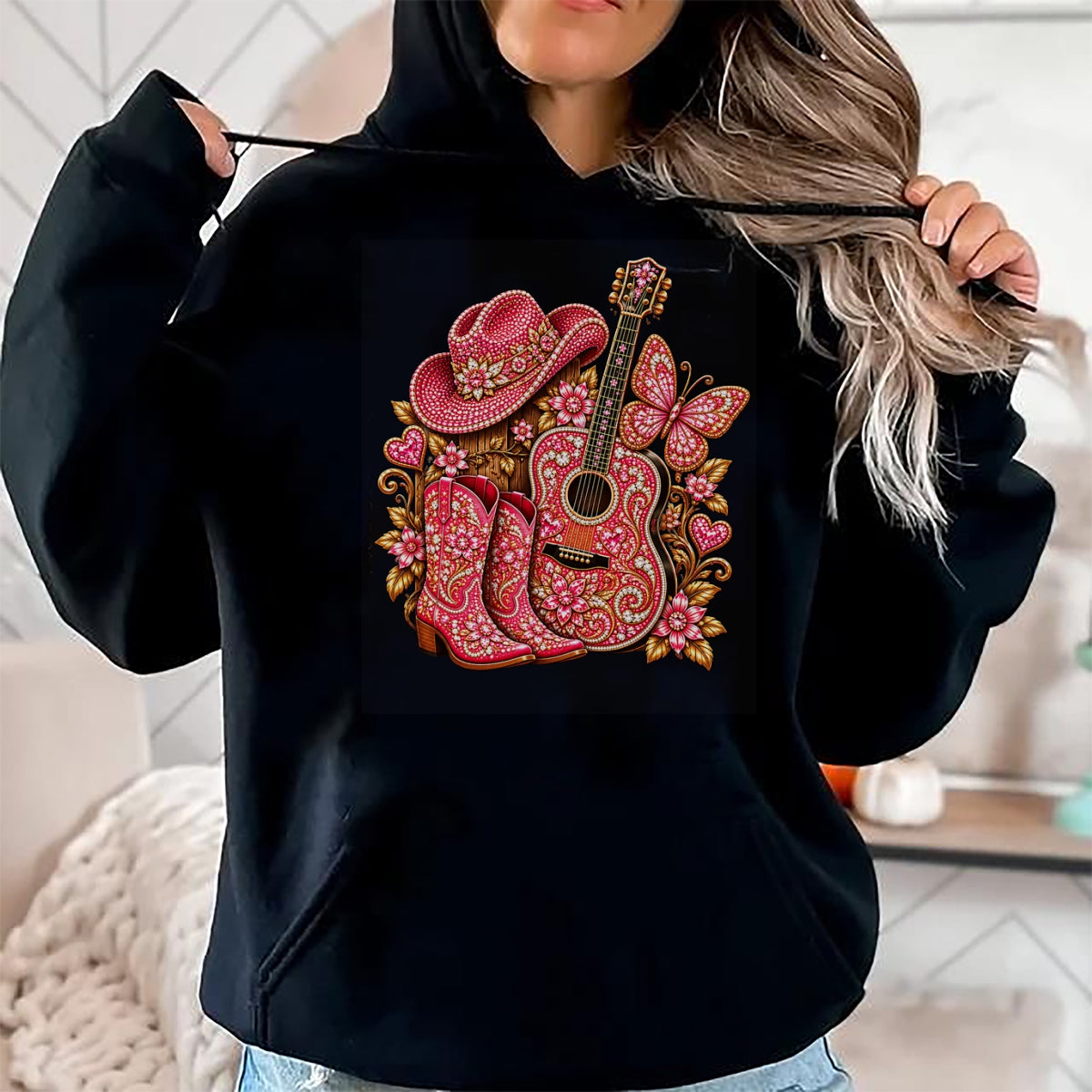 Guitar Lover Shirt, Funny Guitar UnisexT-Shirt/Hoodie/Sweatshirt HLT00 - Bedazzled Butterfly Pink Cowboy Guitar Country T-Shirt