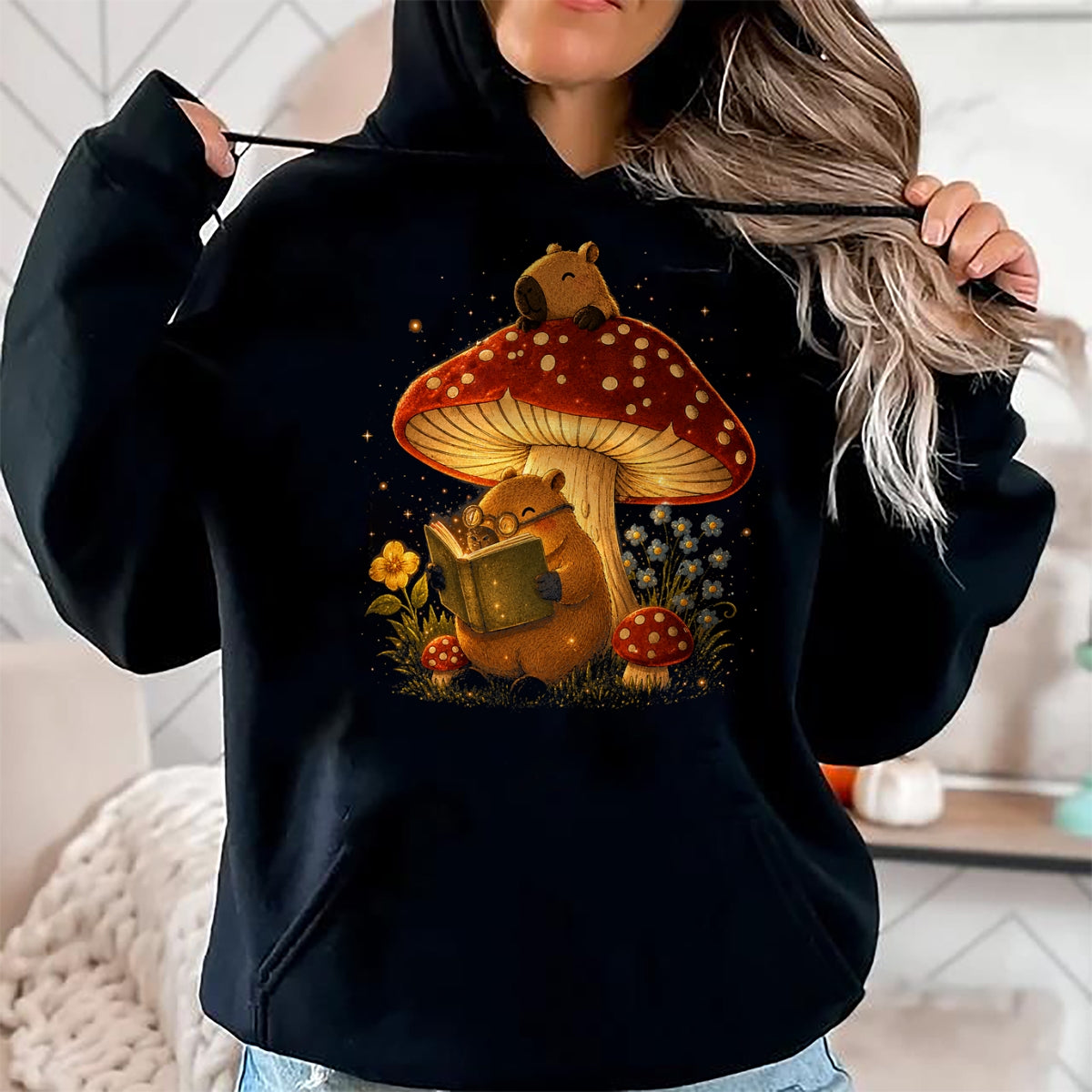 Cute Capybara Shirt, Funny Capybara Unisex T-Shirt/Hoodie/Sweatshirt HLT00 - Capybara Reading Book Mushroom Cottagecore Aesthetic Women T-Shirt