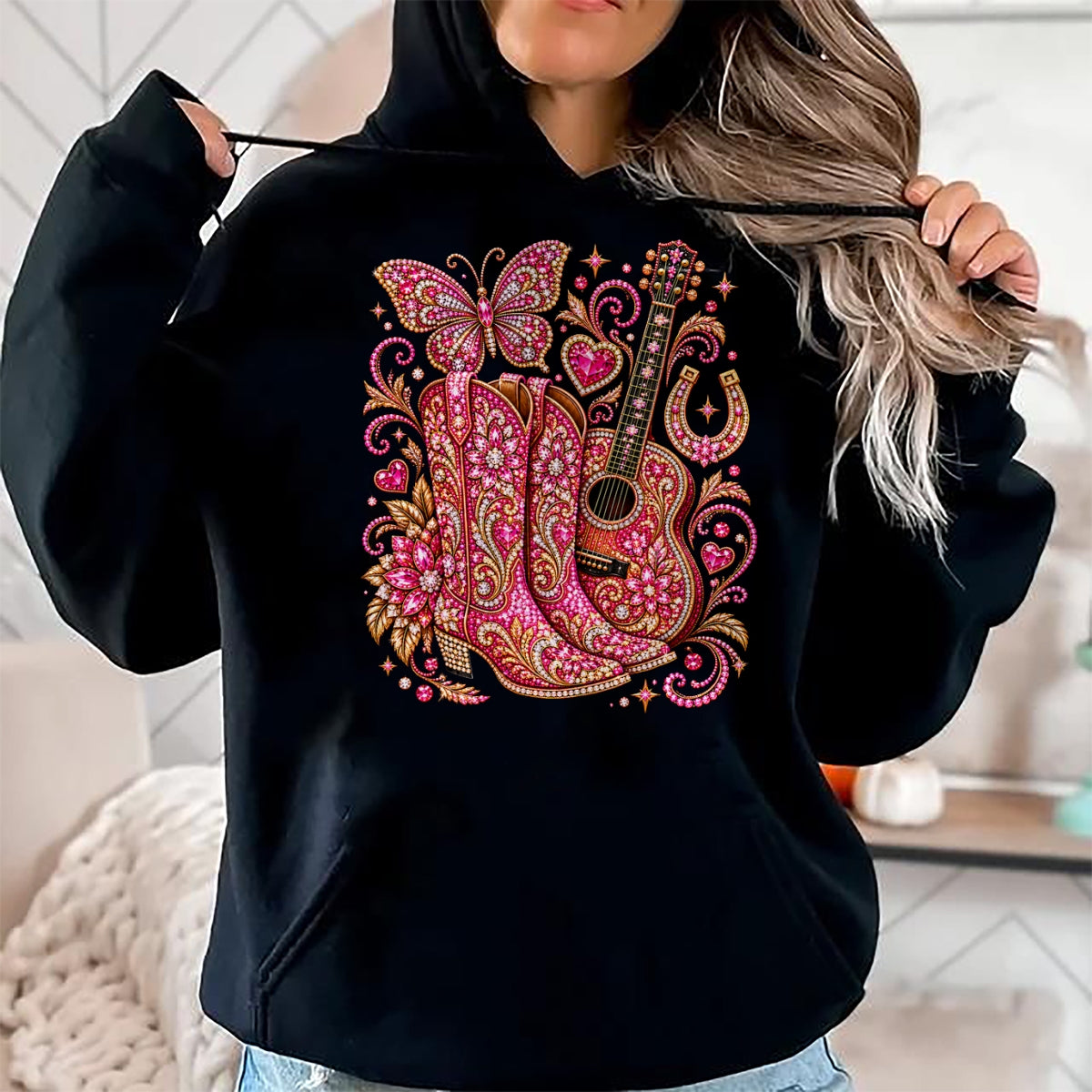 Guitar Lover Shirt, Funny Guitar UnisexT-Shirt/Hoodie/Sweatshirt HLT00 - Pink Butterfly Bling Cowgirl Guitar Western Rhinestone Cute T-Shirt
