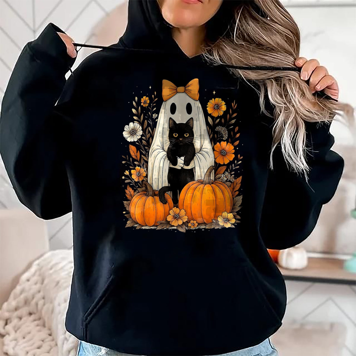 Cat Love Shirt, Funny Cat Lover Gift UnisexT-Shirt/Hoodie/Sweatshirt HLT00 - Vintage Halloween Ghost Holding Black Cat Groovy Floral T-Shirt, Women_s Plus, Black, 2X