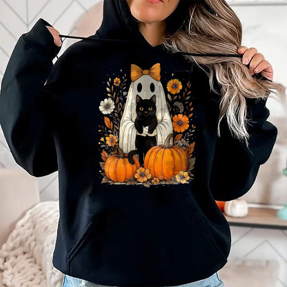 Cat Love Shirt, Funny Cat Lover Gift UnisexT-Shirt/Hoodie/Sweatshirt HLT00 - Vintage Halloween Ghost Holding Black Cat Groovy Floral T-Shirt, Women_s Plus, Black, 2X