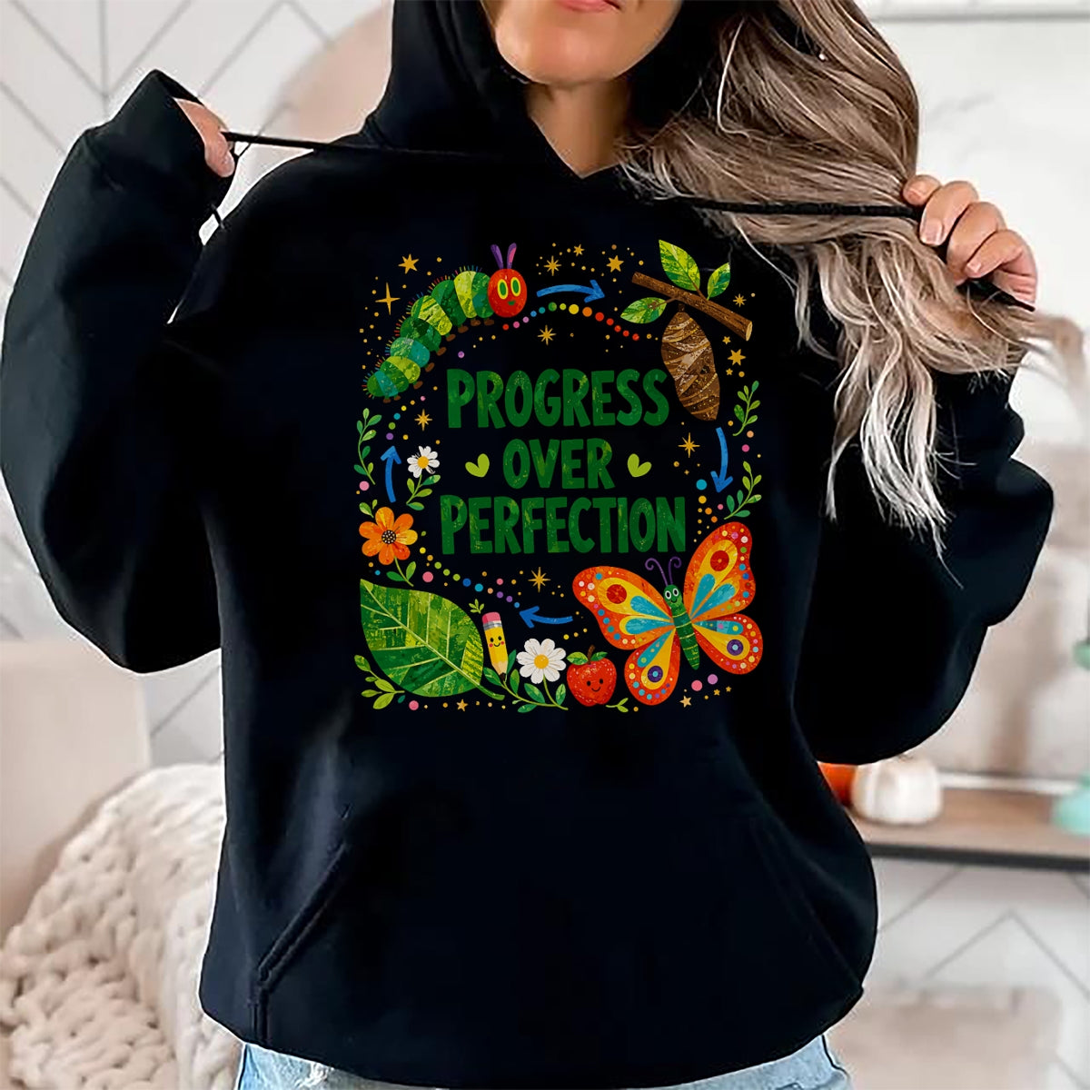 Best Teacher Shirt, Funny Teacher UnisexT-Shirt/Hoodie/Sweatshirt HLT00 - Teachers Back to School Progress Over Perfection Butterfly T-Shirt
