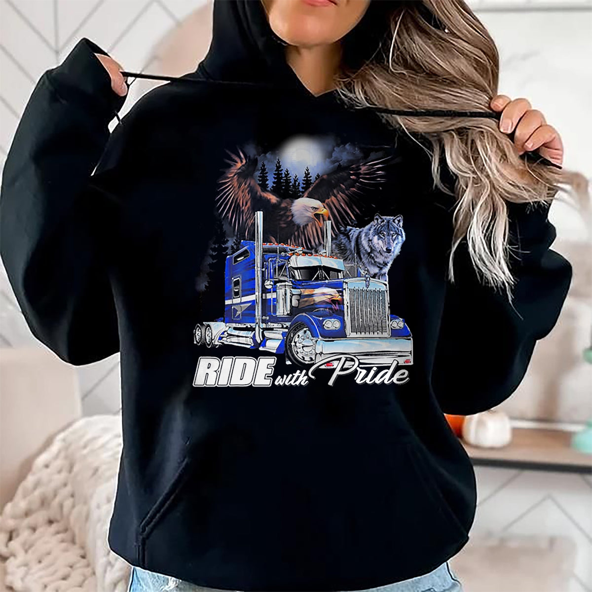 Best Truck Driver Life Shirt, Funny Trucker UnisexT-Shirt/Hoodie/Sweatshirt HLT00 - Ride with Pride Trucker Eagle Wolf T-Shirt