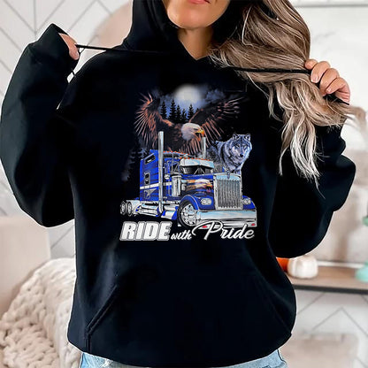 Best Truck Driver Life Shirt, Funny Trucker UnisexT-Shirt/Hoodie/Sweatshirt HLT00 - Ride with Pride Trucker Eagle Wolf T-Shirt