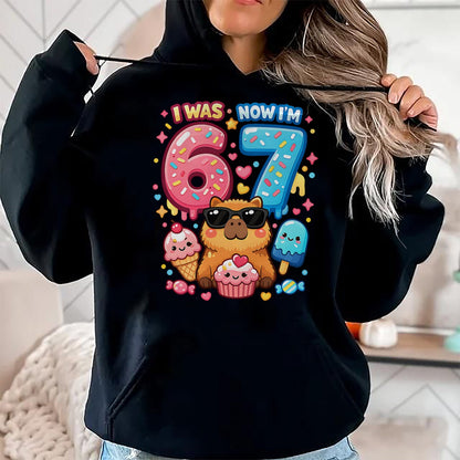 Cute Capybara Shirt, Funny Capybara Unisex T-Shirt/Hoodie/Sweatshirt HLT00 - I was 6 Now I_m 7 Birthday 67 Meme Capybara Ice Cream Kawaii T-Shirt