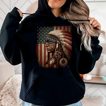 Native American T-Shirts, Vintage Native American Unisex T-Shirt/Hoodie/Sweatshirt HLT00 - Native American Indian Chief American USA Flag (1)